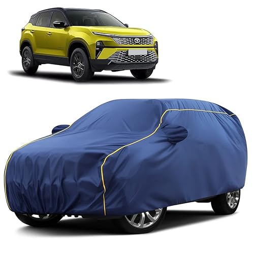 Image of Sulfar 100% Water Resistant Car Body Cover Compatible with Mirror for Tata Harrier (Triple Stitched, Full Bottom Elastic, Blue Taffeta with Yellow Piping)