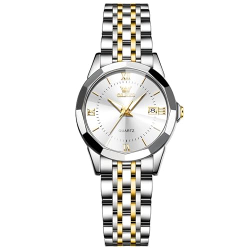 OLEVS レディース腕時計 日本製クォーツ ステンレスバンド クラシック文字盤 夜光機能 30M防水 ビジネス 女性用ウォッチ 人気 おしゃれ かわいい ギフト watch for women (シルバー+ゴールドバンド+ホワイト文字盤 NEW A)