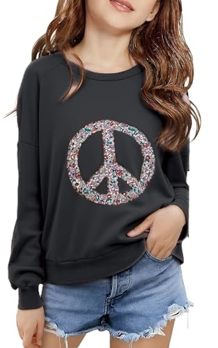 SELINK Girls Long Sleeve Tops Peace Sign Shirts Floral Peace Symbol Crewneck Tunic Shirt Casual Pullover Top