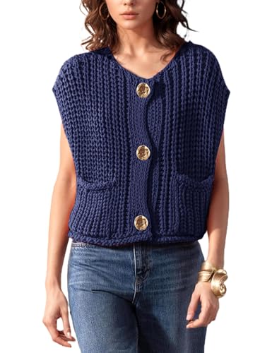 Image of Women's Sleeveless Chunky Knit Cardigan V-Neck Button Down Vest Casual Loose-Fitted Crochet Sweater with Pockets 2024