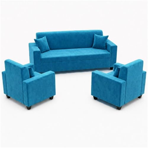 Image of FURNY QualityWood 3 Seater + 1 Seater + 1 Seater Fabric Sofa Set (Aqua Blue) with Velvet Finish | Durable Comfort | Ideal for Living Room