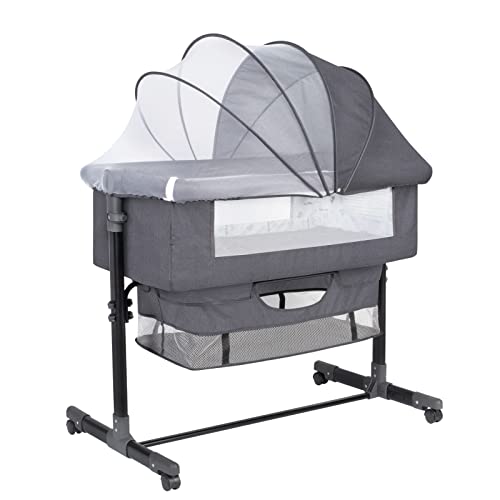 Image of GoFirst Bedside Bassinet for Baby, Bedside Sleeper with Wheels, Heigt Adjustable, with Mosquito Nets, Large Storage Bag, for Infant/Baby/Newborn (Grey)