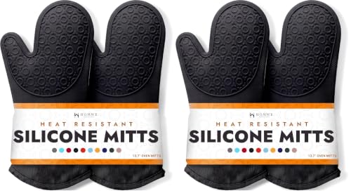 Image of BPA-Free Silicone Oven Mitts Ultra Heat Resistant up to 500F - Oven Mitts with Thick Cotton Liner - Long Slip Resistant Pot Holders, Flexible Oven Gloves - Black 13.7 inch (Pack of 2)