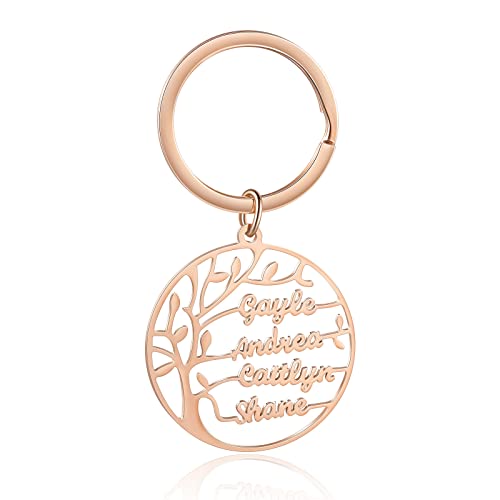 Porte-clés personnalisé Arbre de Vie Porte-clés personnalisé avec 4 prénoms Acier Inoxydable Porte-clés en Filigrane Noms découpés au Laser Cadeau personnalisé pour Femme/Famille(Rosegold) Cover