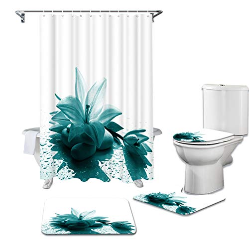 Artsbay Teal Flower Shower Curtain for Women Sets with Non-Slip Rugs Toilet Lid Cover Bath Mat Green Zen Stone Floral Home Decor Blossom Spa Bathroom Curtains Accessories Cloth Fabric Washroom Decor
