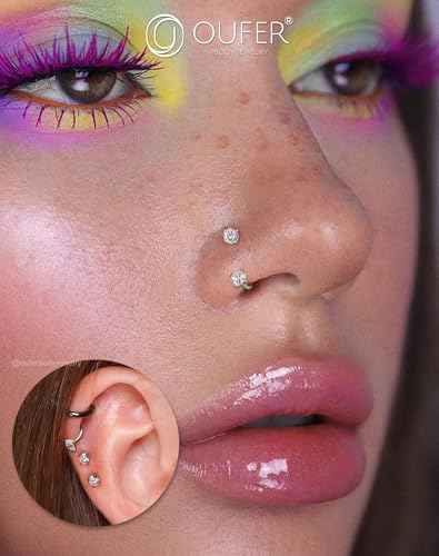 OUFER 18G Horseshoe Nose Rings Studs, 316L Surgical Steel Double Cubic Zirconia Nose Studs, Internally Threaded Nose Rings For Women, Lip Eyebrow Helix Ear Piercing Jewelry2