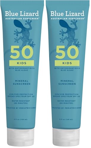 Blue Lizard Kids Mineral SPF 50 Sunscreen Lotion, 100% Mineral, Children’s Sunscreen, Water-Resistant Formula, Paraben-Free, Fragrance-Free, 5 fl oz (Pack of 2)