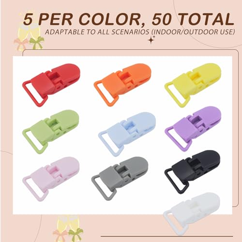 Image of 50-Pack Pacifier Clip Replacement Ends - BPA-Free Plastic Fasteners for DIY Baby Crafts, Sewing Bibs & Blankets Straps (10 Color)