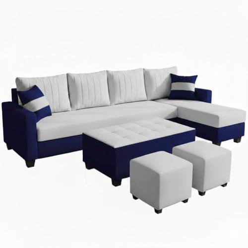 Image of FURNY Avenue 8 Seater Fabric RHS L Shape Sofa Set with 1 Centre Table & 2 Puffy (Light Grey-Dark Blue) Premium Velvet Finish