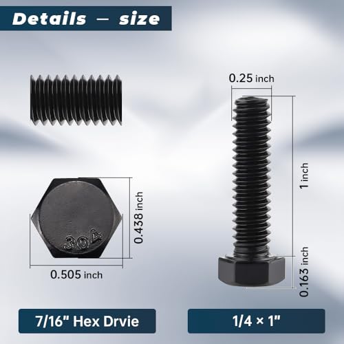 Image of Glvaner 1 /4-20 x 1 Stainless Steel Hex Head Screws Bolts, Black Coated, 304 Stainless Steel 18-8, Hexagon Head Bolts, Full Thread, 20 pcs