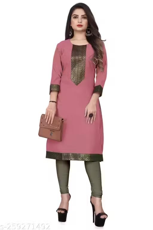 Image of Women Straight Woven Design Cotton Blend Round Neck 3 /4 Sleeve Kurti Only