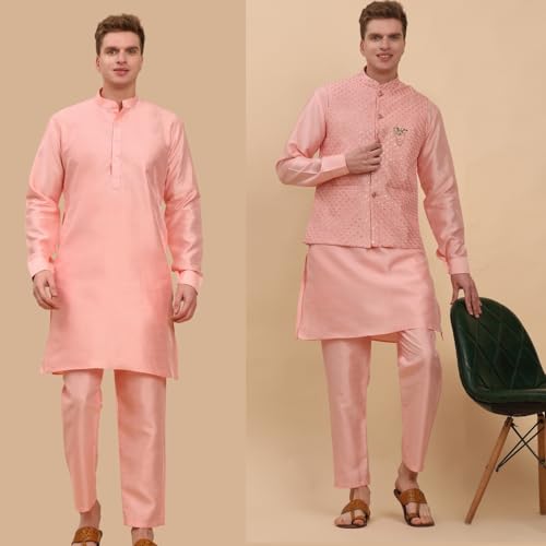 Mens Indian Traditional Silk Kurta Set With Jacket For Men Floral Design (C-111)4