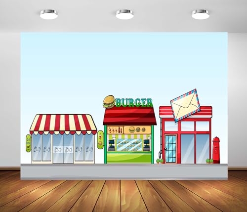BELECO 5x3ft Fabric Cartoon Street Shops Backdrop Urban Convenience Store Burger Shop Post Office Background Kids Birthday Party Decorations Banner Photoshoot Studio Props