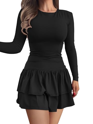 GOKATOSAU Women's Casual Long Sleeve Round Neck Bodycon Layered Tiered Ruffle Hem Mini Dress Black