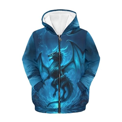 Watdotory Blue Dragon Pattern Youth Athletic Hoodie Zip Up Long S sleeve with Pockets Lightweight Sports Top for Gym Run Size 8-10
