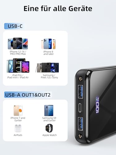 Power Bank,20000mAh Powerbank Schnellladefunktion 22,5W USB-C PD3.0 & QC4.0 Tragbarer Externer HandyAkkus mit LED Display/Taschenlampe，Kompatibel mit iPhone 16 Pro Max 15 14 13 Samsung Galaxy S25 Edge