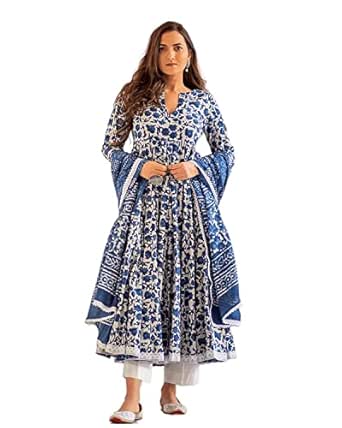 MEERA FAB Women's Cotton Printed Anarkali Kurta with Palazzo &amp; Dupatta Set