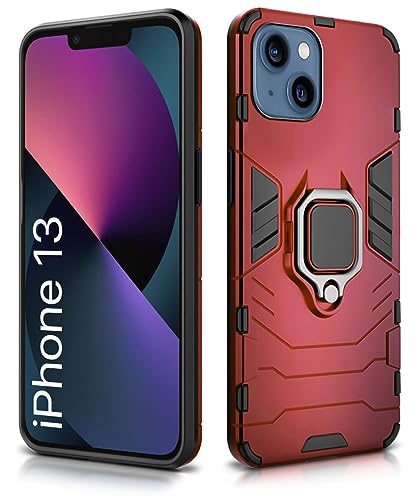 Image of WOW IMAGINE Shock Proof Back Case Mobile Cover for iPhone 13 (6.1″) (Tough Armor | Hybrid PC + TPU | Full Protection with Ring Holder & in-Built Kickstand | Red)