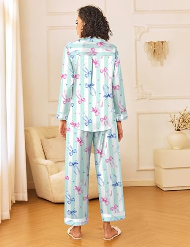 Image of Ekouaer Womens Silk Satin Pajama Sets 2 Piece Sleepwear Pjs Set Long Sleeve Button Down Top and Pants Stripe Loungewear S-XXL