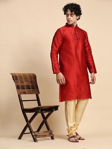 Image of SKAVIJ Men's Dupion Art Silk Ethnic Wear Kurta Pyjama (Red, X-Large)