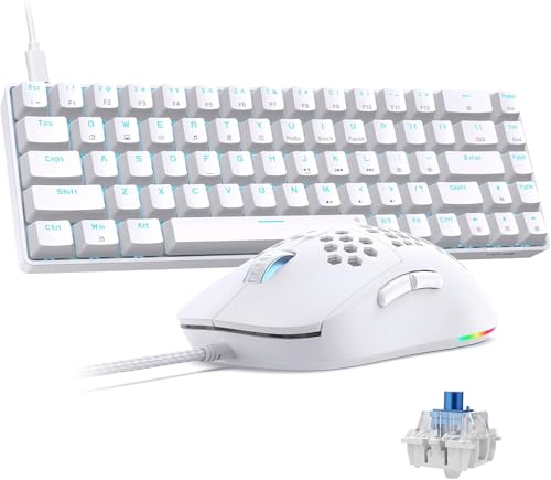 Image of TMKB Falcon M1SE Gaming Mouse, T68SE 60% Mechanical Gaming Keyboard, LED Backlit, 12800DPI Optical Sensor with Blue Switch-White