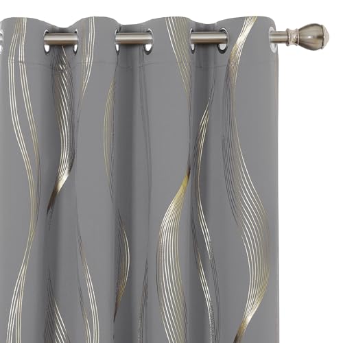 Deconovo Blackout Eyelet Curtains Thermal Insulated Gold Wave Line Foil Printed Curtains for Bedroom 66x72 Inch Light Grey 2 Panels