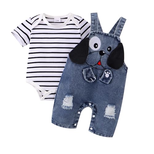 Image of ODIMAME Baby Boy Clothes Newborn Striped Romper Summer Outfits + Infant Cartoon Animals Jeans Suspender Overalls 0-18 Months