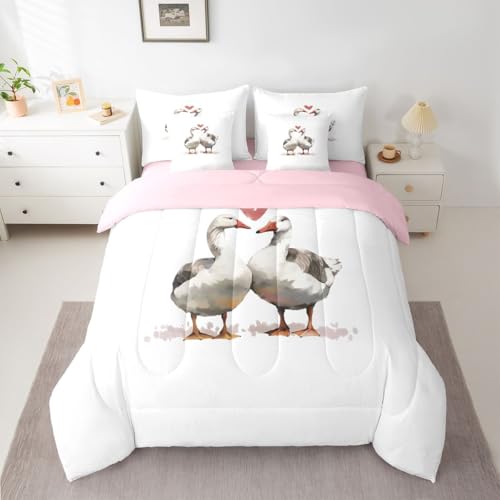 Image of Erosebridal Geese Valentine 7 Pcs Bedding Set King Size Cartoon Ducks Comforter Set for Girls Kids Goose Duck Couple Decor Quilt Set Kawaii Farm Animals Bed in A Bag with Flat and Fitted Sheet