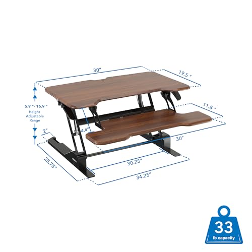 Image of Mount-It! Height Adjustable Standing Desk Converter, Compact 30 inch Wide Tabletop Standing Desk Riser with Gas Spring, Desktop Stand Up Workstation with Keyboard Tray Fits Monitor or Laptop, Dark Walnut