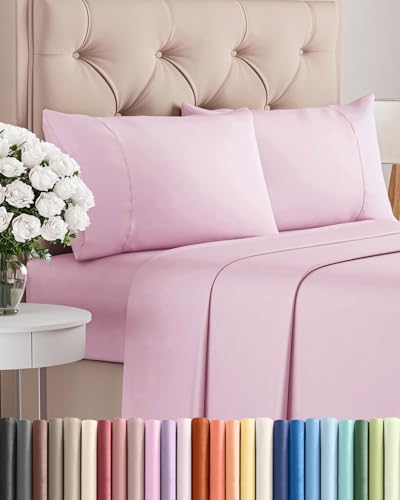 Image of Twin 4 Piece Bed Sheet Set - Soft, Breathable & Cooling Sheets - Light Pink | Ultra Soft Hotel Luxury Bedding Set with 8-16 Inch Deep Pockets, 1 Flat & 1 Fitted Sheet & 2 Pillowcases, Wrinkle & Fade Free