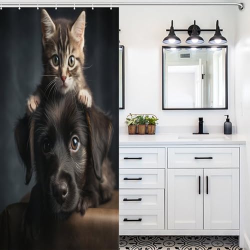 Rideau de douche chat mignon tissu polyester imperméable avec 12 crochets 92x183cm - 5