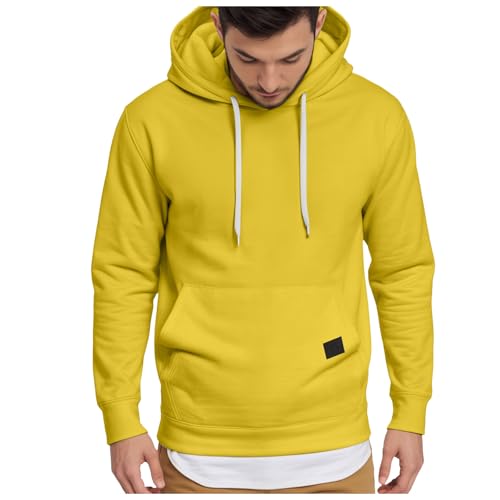 Mens Hoodies Pullover Cotton Long Sleeve Casual Fleece Hooded Sweatshirts Solid Color Drawstring Hoodies for Men with Pocket