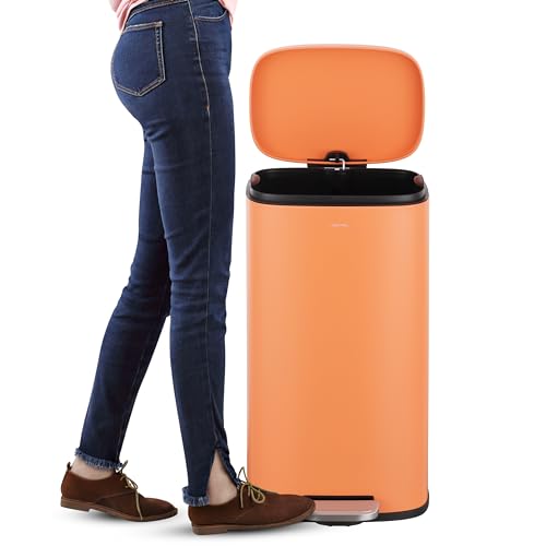 Image of happimess Curtis 8 Gal Step Trash Can Soft Close 25 inch, Carrot Cake | Iron Construction, Satin Finish, Removable Liner, Steel Pedal, 20 Trash Bags Included, Kitchen Office Bin