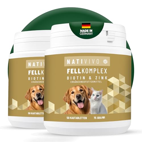 NATIVIVO Fellpflege Hund Katze - Juckreiz Hund Fellpflege - Biotin & Zink - Unterstützend bei Juckreiz - Biotin für Hunde Glänzendes Fell - 2X 50 Tabletten Nahrungsergänzungsmittel für Hunde
