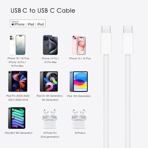Image of NISHTECH 60W USB C to USB C Cable (3ft, White) - Fast Charging for iPhone 15 Pro Max, iPad Pro, MacBook Pro and More (1 Pack)