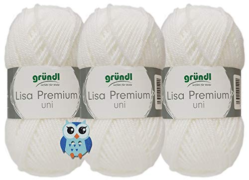 Gründl Lisa Premium Uni - Hilo para ganchillo (3 x 50 g, 100% poliacrílico, 01 blanco)