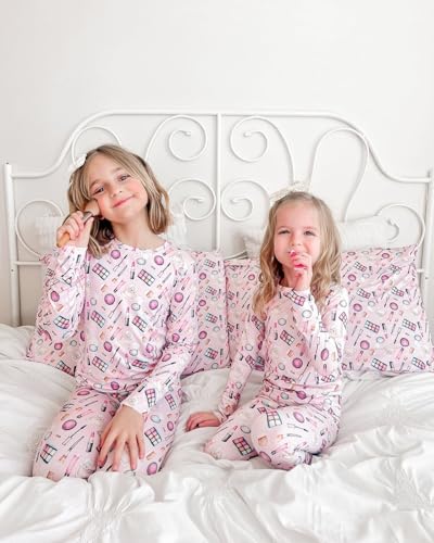 Pink Bamboo Pajamas 2-Piece Lounge Set, Sustainable Pajamas, Long Sleeve, Washable, Cute Jumper Design.3