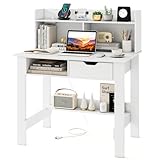 Tangkula White Desk with Hutch & Drawer, Modern Computer Desk with Charging Station USB & Type C...