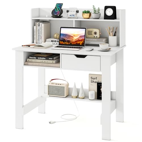 Tangkula White Desk with Hutch & Drawer, Modern...