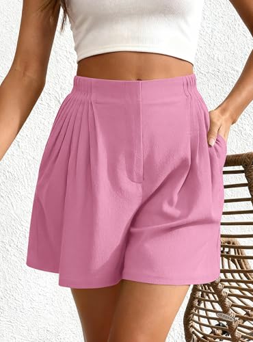BTFBM Womens Shorts Casual 2026 Spring Summer Elastic High Waisted Pleated Cotton Shorts Beach Vacation Outfits Pockets(Pink, Medium) — view 5