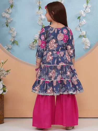 Image of Preneum Girl's Cotton Rayon Floral Printed Angrakha Kurta with Sharara & Dupatta