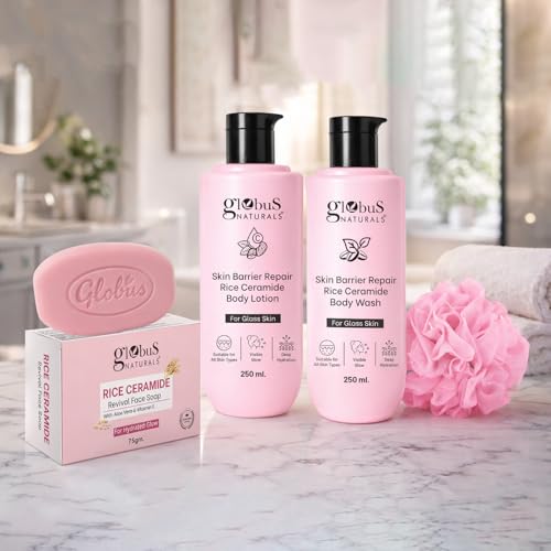 Image of Globus Naturals Rice Ceramide Body Care Combo for Glass Skin | Body Lotion + Body Wash + Soap + Loofah | Intense Hydration & Barrier Repair | Bright, Smooth & Radiant Skin | Daily Use for Men & Women | All Skin Types