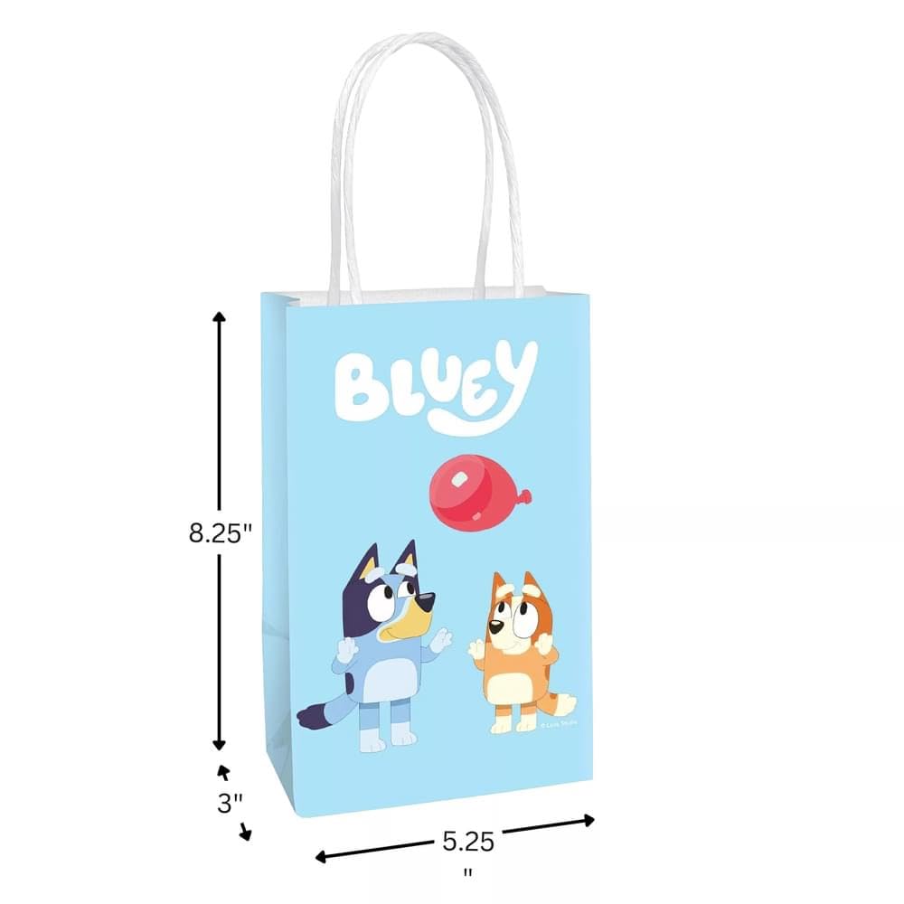 Condition photo showing New/Like New for multicolor bluey printed party favor bags - 8.25" x 5.25" x 3", pack of 8 blue kraft treat bags - perfect paper bags for kids birthday, baby shower, themed party & more