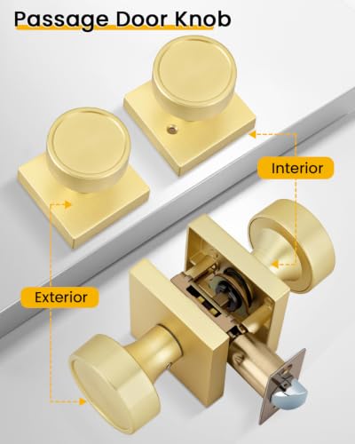 Image of Goldenwarm Brushed Gold Door Knobs Passage, Closet Door Knob Zinc Alloy, Contemporary Gold Interior Door Knobs for Hallway, 3 Pack