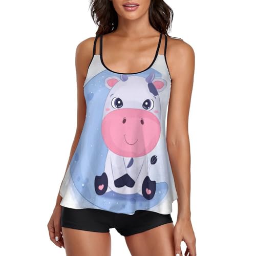 Bikini tankini femme imprimé vache masquant les imperfections avec short et robe de plage