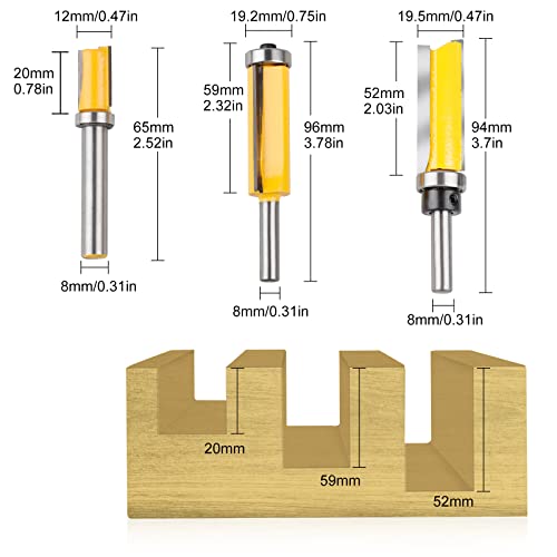3 x 8 mm Flush Cutter Shaft, Milling Cutter 8 mm Shank Router for Woodworking Top/Bottom Bearing Flush Trim Bit - Image 2