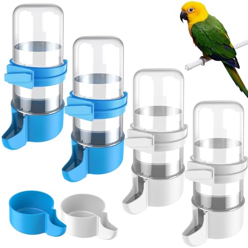Pawfly 4 Pcs Bird Water Dispenser, Cage Accessories for Parrot & Hamster, Bird Feeder for Cage, White & Blue Waterer for Small Parakeet Cockatiel Budgie Lovebirds