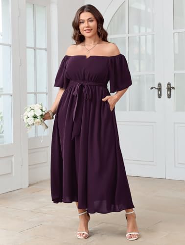 Image of SCOMCHIC Womens Plus Size Formal Dresses Off The Shoulder Wedding Guest Cocktail A-Line Split Maxi Dress with Pockets
