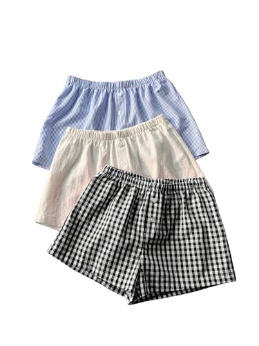 Image of MakeMeChic Women's 3 Pack Linen Shorts Gingham Striped Beach Shorts | Summer, Plaid, Cover Up Shorts