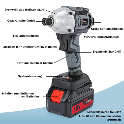 18 V Akkuschrauber,500 Nm Akku Schlagbohrschrauber mit 2X5.000 mAh Lithium Batterie,9 Steckdosen,12 Bohrer für Schraubendreher,Tragetasche,Schnellladegerät – Bild 3